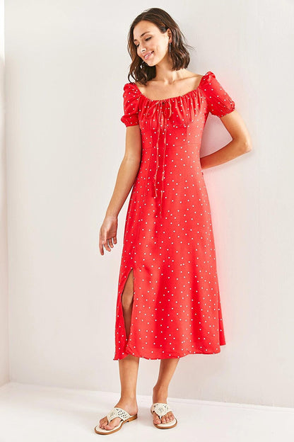 Women's Square Collar String Polka Dot Dress