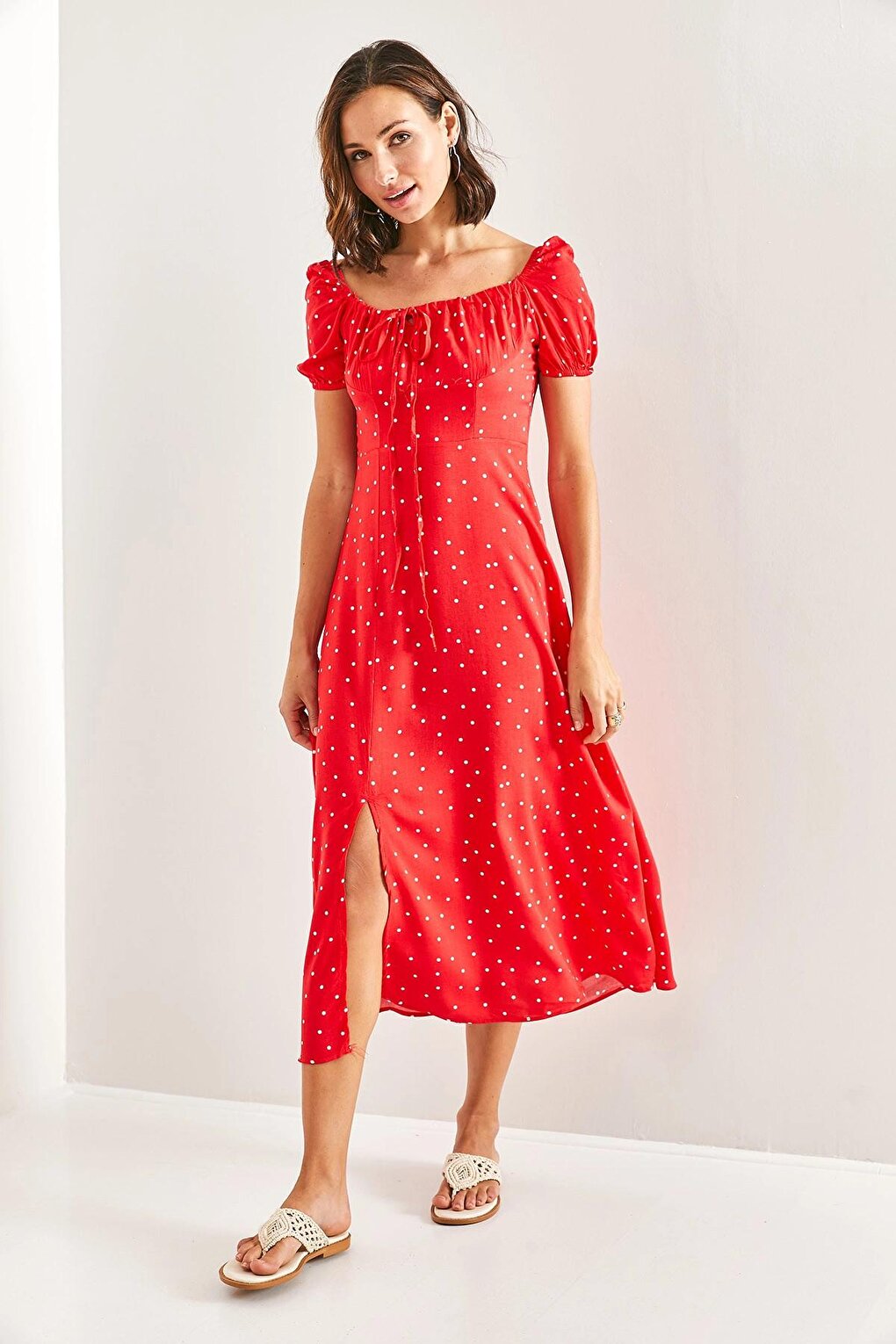 Women's Square Collar String Polka Dot Dress