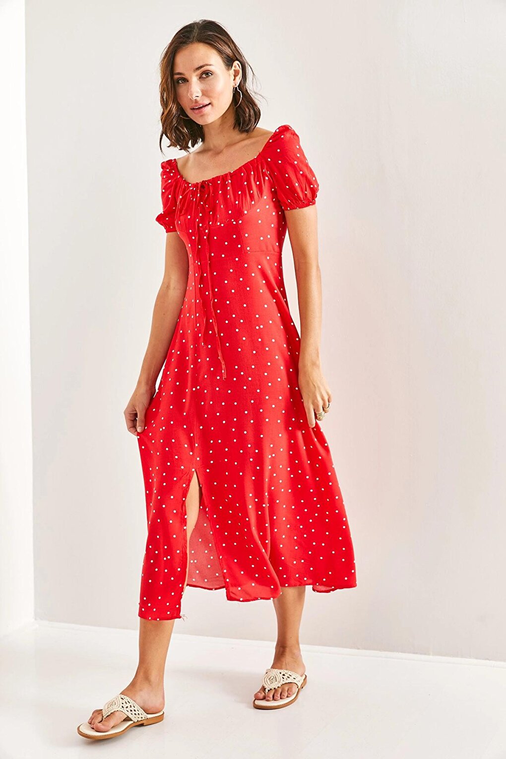 Women's Square Collar String Polka Dot Dress