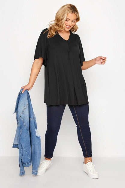 Plus Size V-Neck Patternless Asymmetrical Cut Lycra Blouse 320315