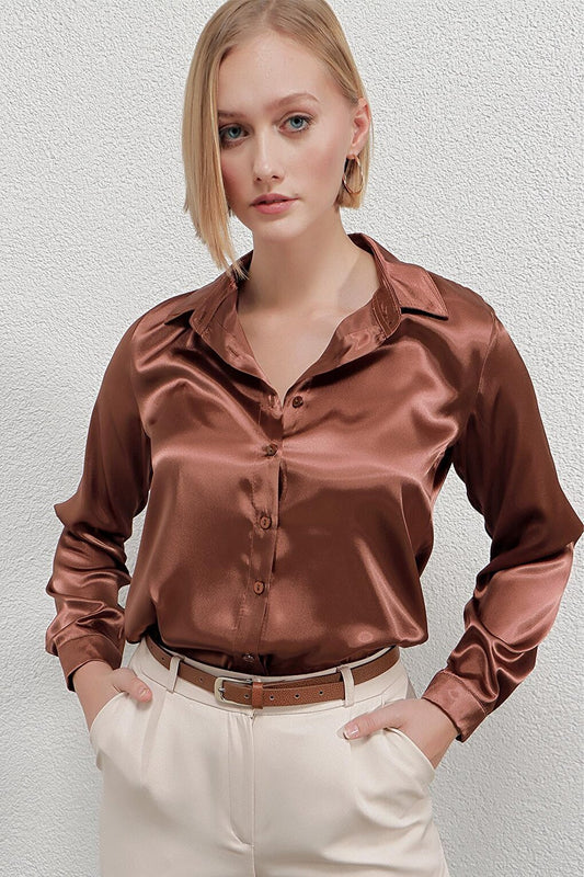 Women's Copper Lightly Draped Satin Surface Shirt Hzl22w-bd139641