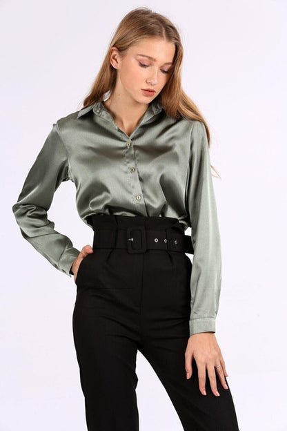 Women's Khaki Lightly Flowing Satin Finished Shirt Hzl22w-bd139641