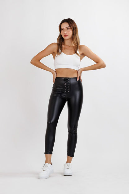 Women's Black Lace Front Bodice Detail Leather Leggings