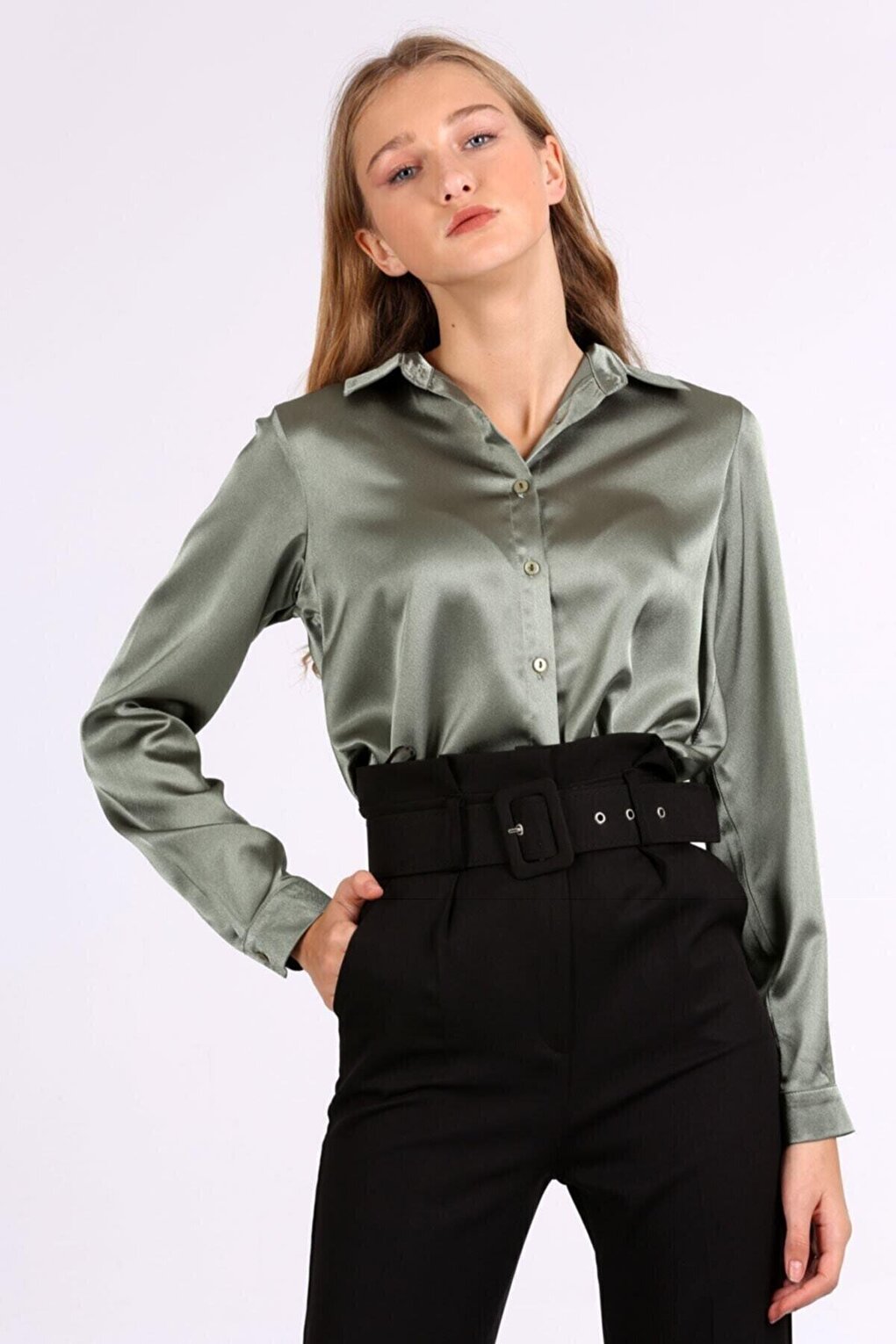 Women's Khaki Lightly Flowing Satin Finished Shirt Hzl22w-bd139641