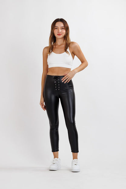 Women's Black Lace Front Bodice Detail Leather Leggings