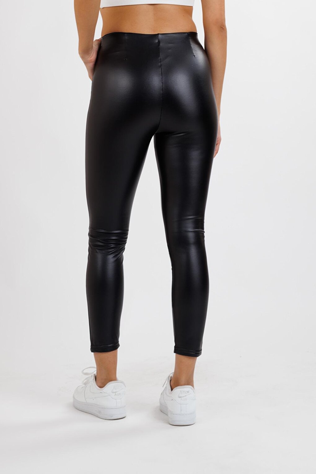 Women's Black Lace Front Bodice Detail Leather Leggings