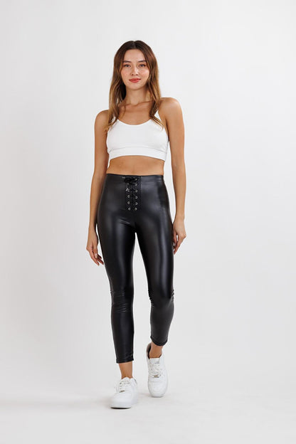 Women's Black Lace Front Bodice Detail Leather Leggings