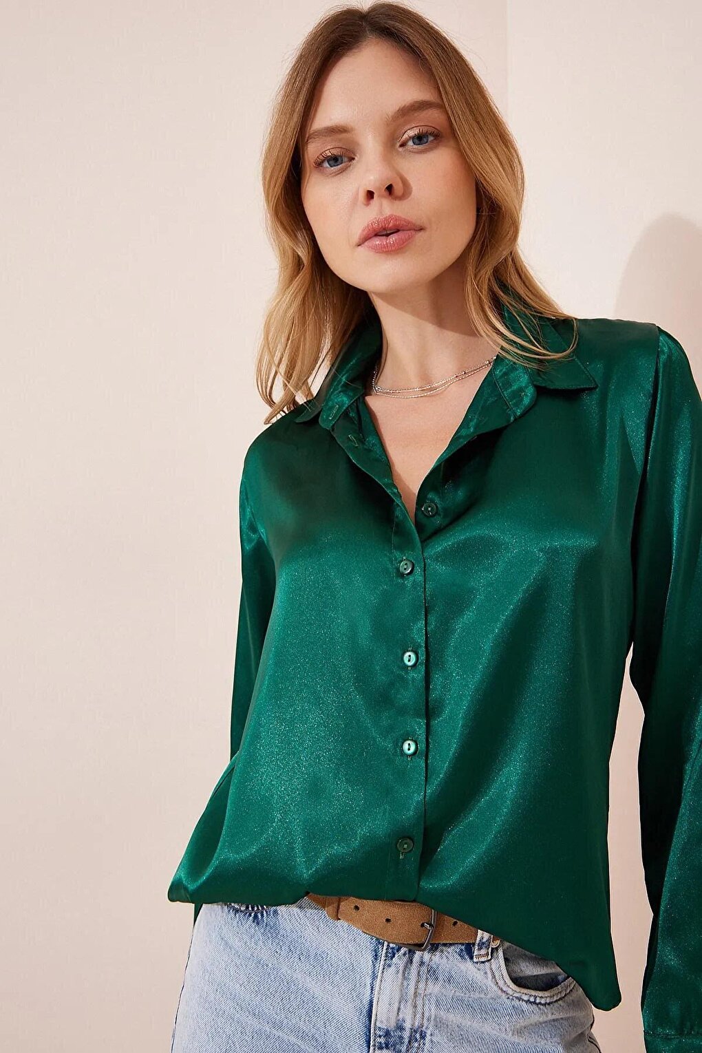 Women's Emerald Green Lightly Flowing Satin Surface Shirt HZL22W-BD139641