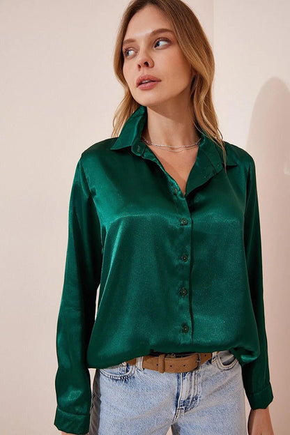 Women's Emerald Green Lightly Flowing Satin Surface Shirt HZL22W-BD139641