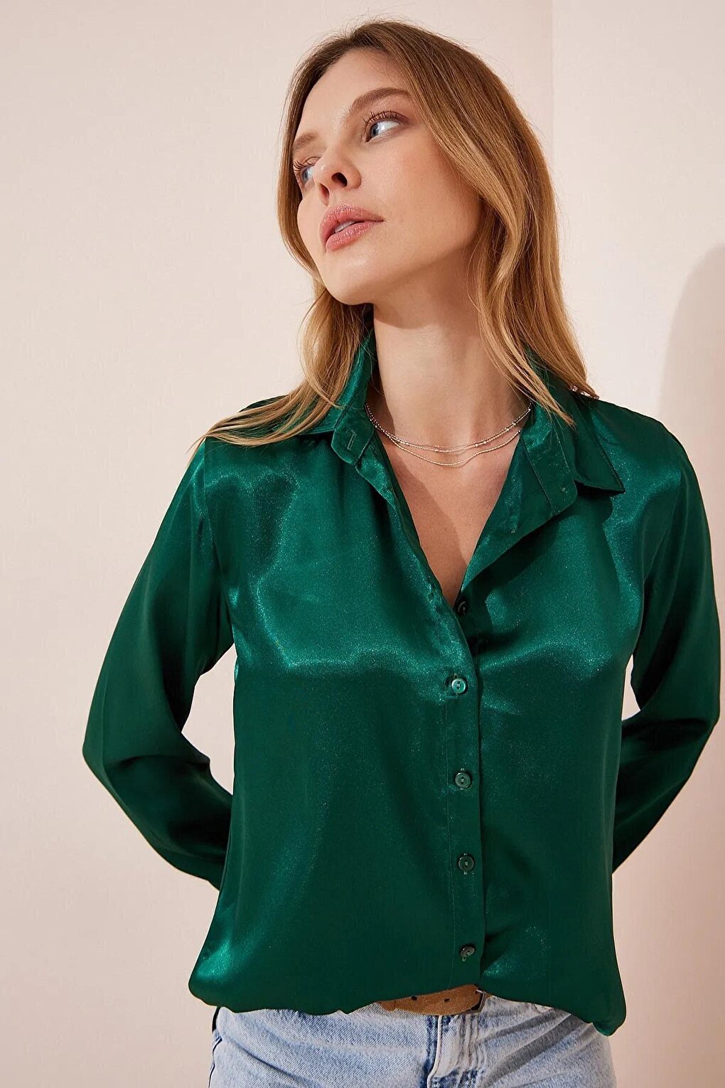 Women's Emerald Green Lightly Flowing Satin Surface Shirt HZL22W-BD139641