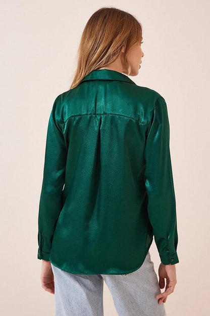 Women's Emerald Green Lightly Flowing Satin Surface Shirt HZL22W-BD139641