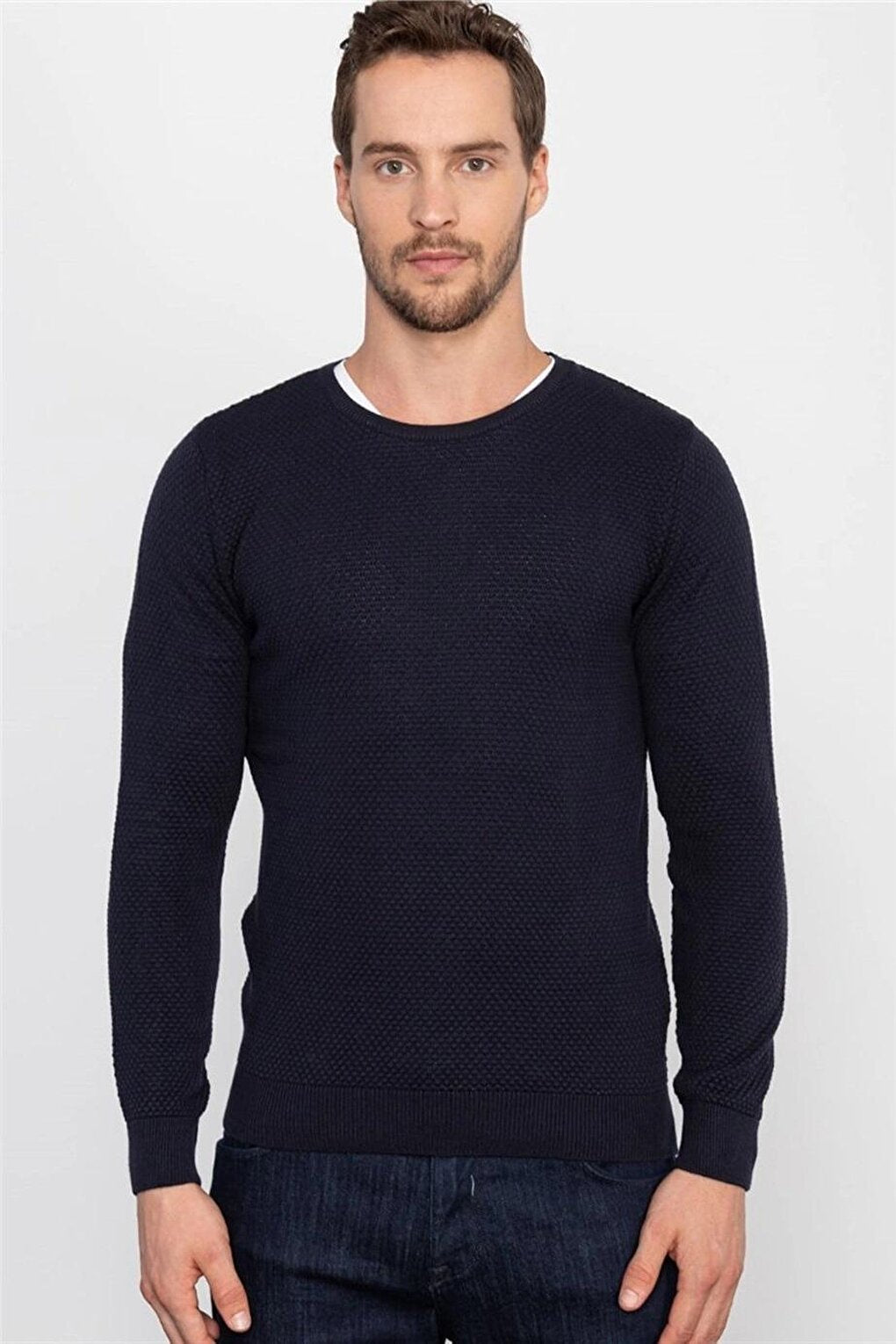 Slim Fit Crew Neck Honeycomb Patterned Men's Navy Blue Sweater