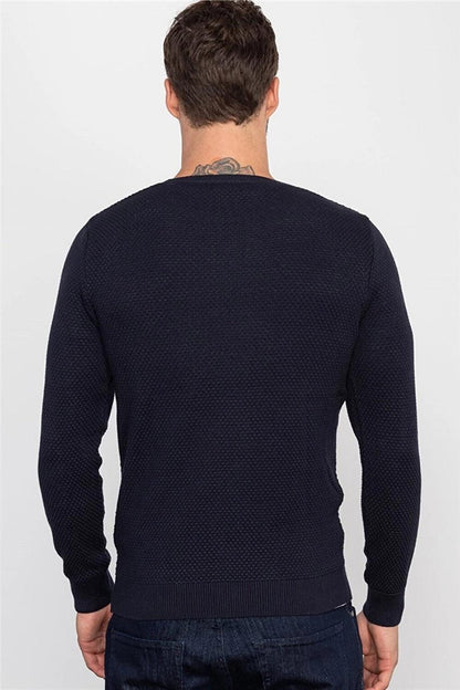 Slim Fit Crew Neck Honeycomb Patterned Men's Navy Blue Sweater