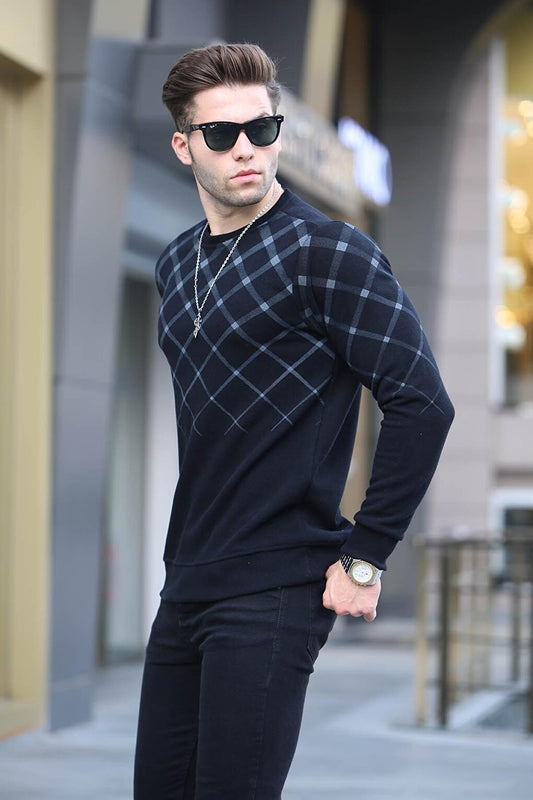 Black Patterned Crew Neck Knitwear Sweater 6019