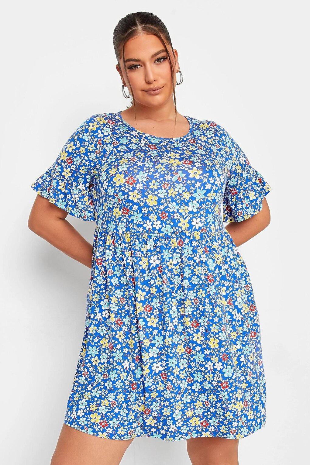 Plus Size Patterned Half Sleeve Lycra Short Dress with Frilled Sleeves 302360