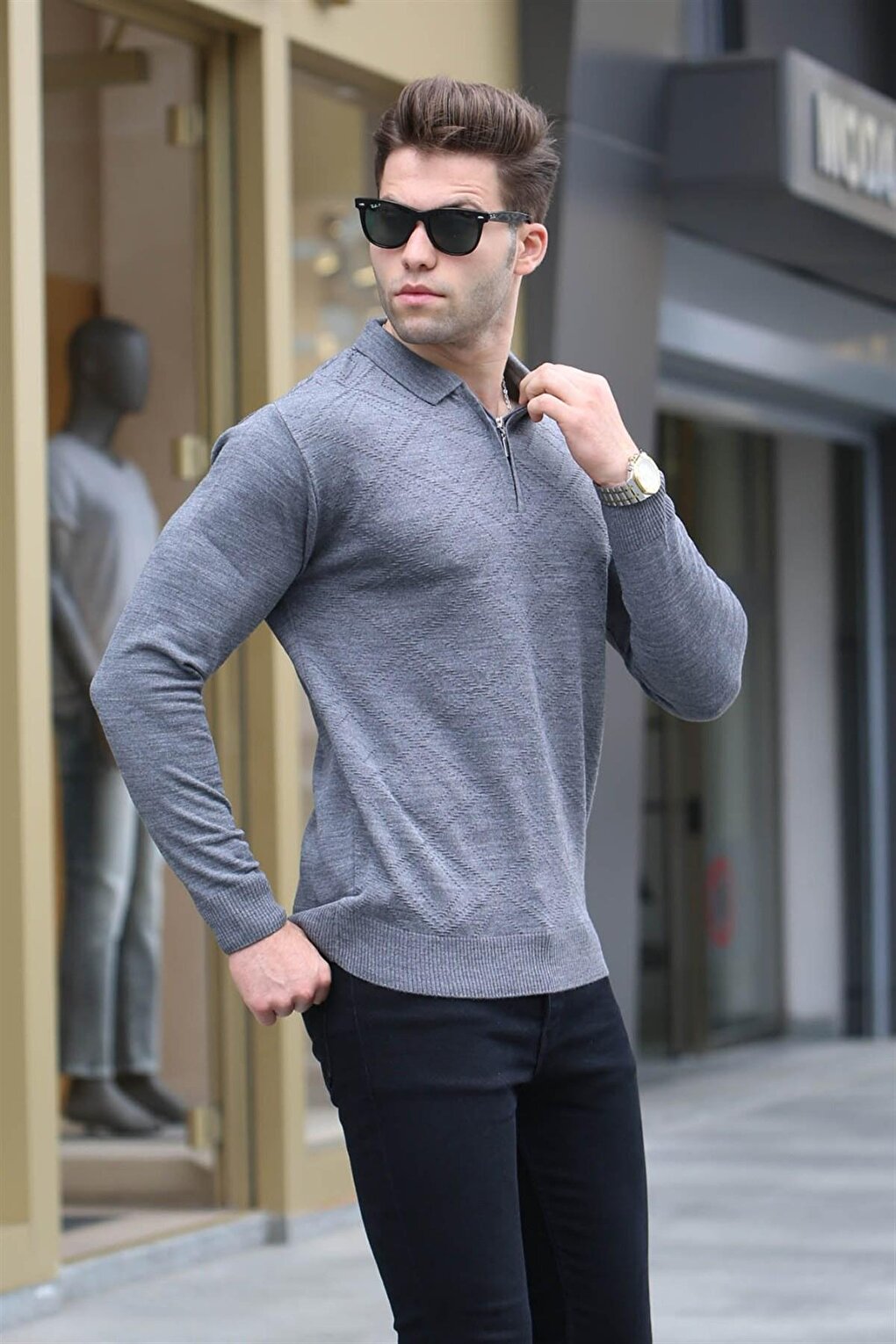 Anthracite Zipper Detailed Polo Neck Knitwear Sweater 5973