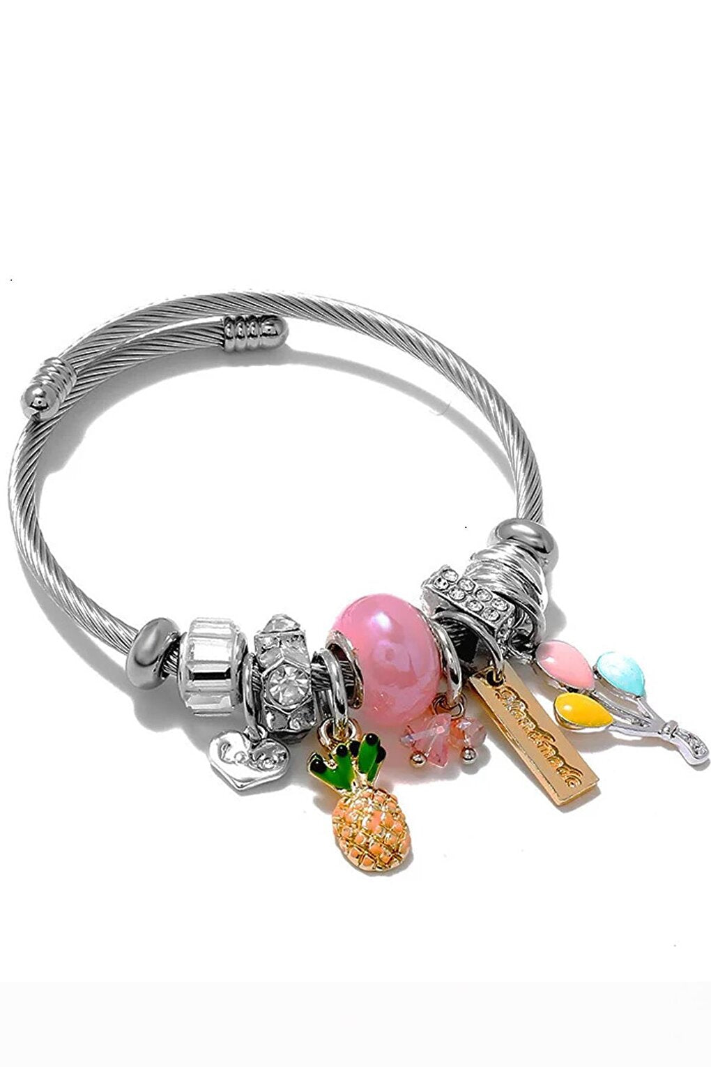 Pineapple, Balloon and Murano String Steel Charm Pendant Bracelet