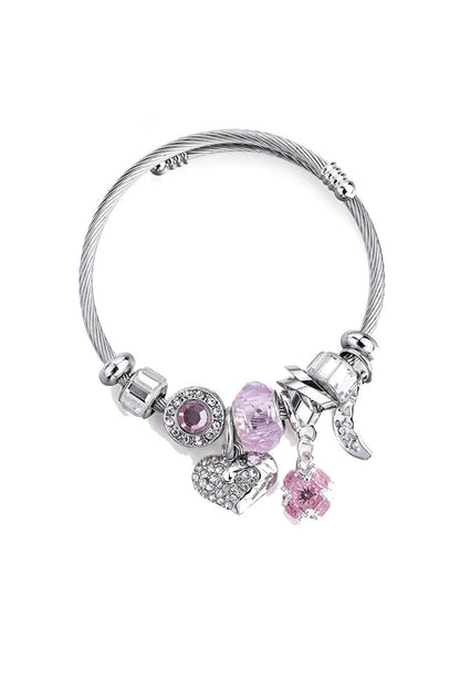 Bracelet with Heart, Moon Crystals and Murano String Steel Charm Pendant