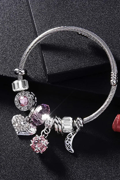 Bracelet with Heart, Moon Crystals and Murano String Steel Charm Pendant