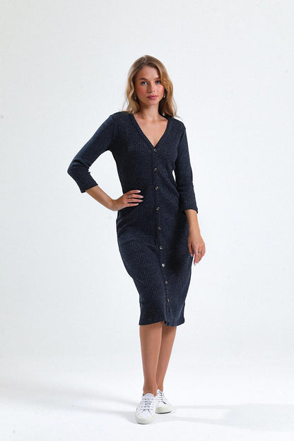 Button Detailed Poor Sleeve Thin Midi Length Knitwear Dress IZ02464710