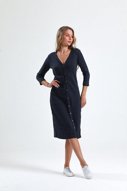 Button Detailed Poor Sleeve Thin Midi Length Knitwear Dress IZ02464710