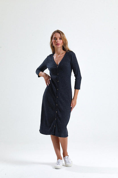 Button Detailed Poor Sleeve Thin Midi Length Knitwear Dress IZ02464710