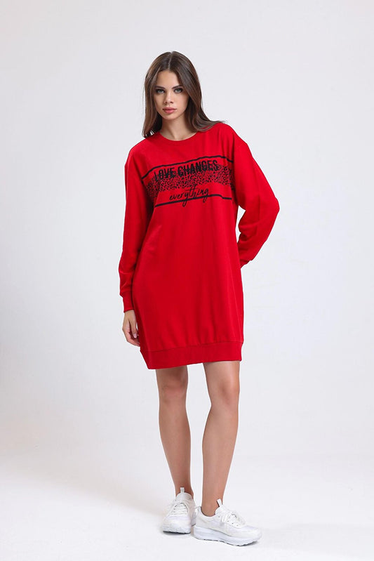 Crew Neck Front Text Printed Long Sleeve Mini Sweat Dress IZ9BIG