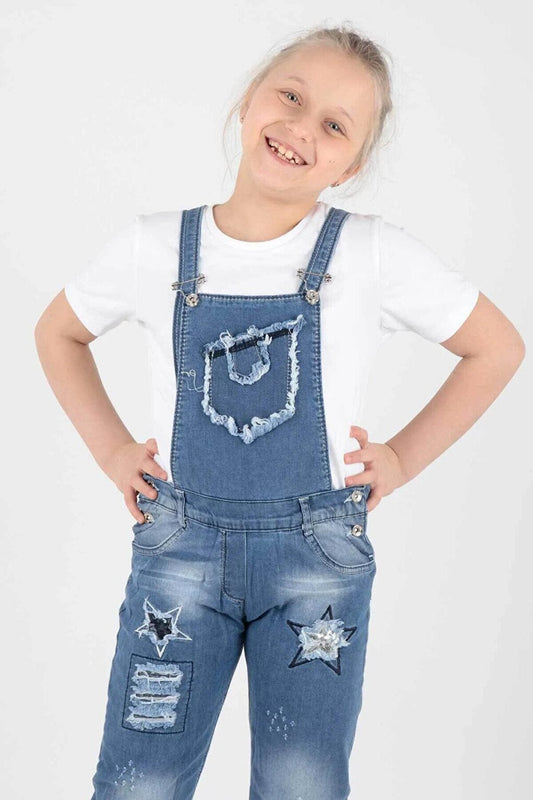 AK510506 Girl's Sequined Frayed Gardener Overalls