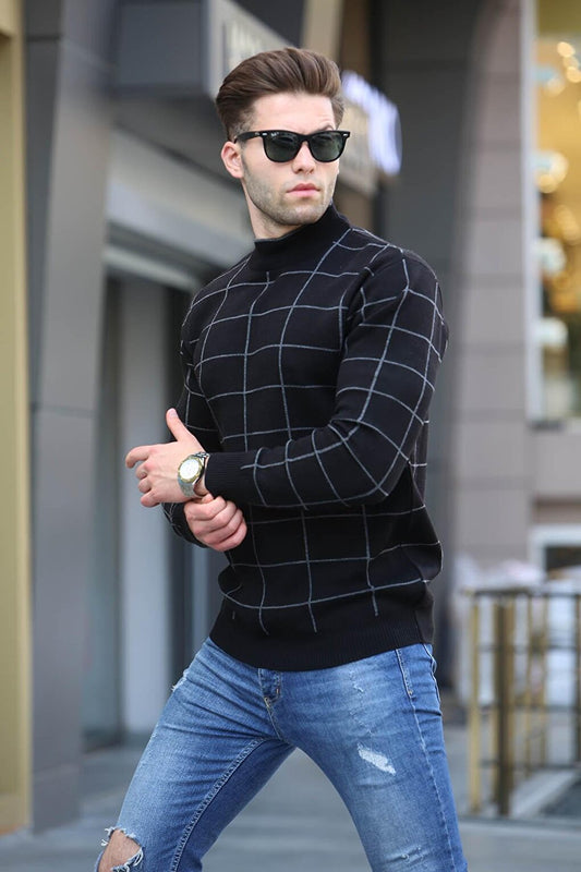 Black Plaid Patterned Knitwear Sweater 5796