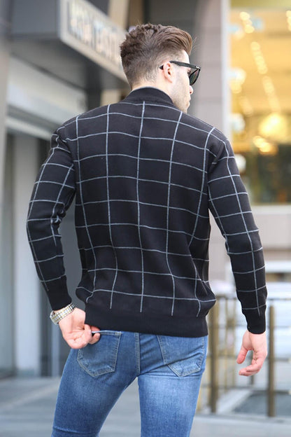 Black Plaid Patterned Knitwear Sweater 5796