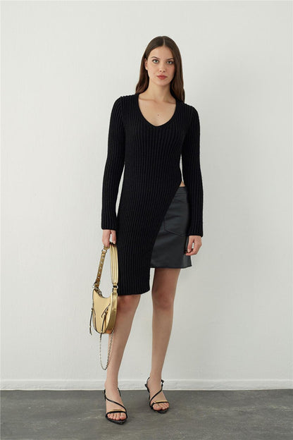 Black Asymmetrical Cut Knitwear Tunic