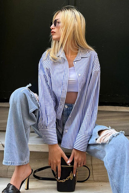 Blue Striped Over Fit Shirt Mg1525