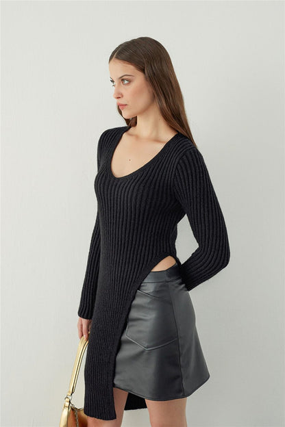 Black Asymmetrical Cut Knitwear Tunic