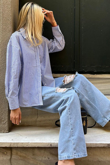 Blue Striped Over Fit Shirt Mg1525