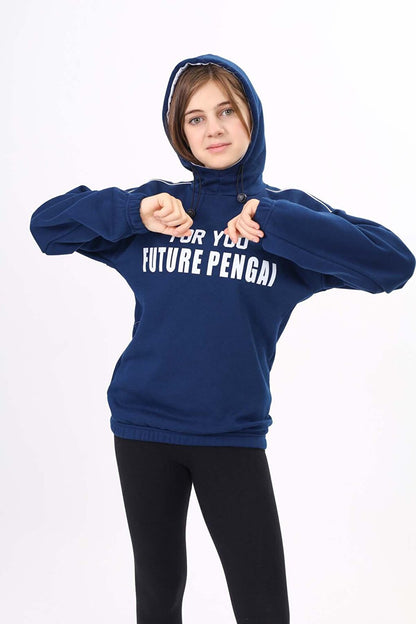 Navy Blue Text Printed Fleece Girl's Hooded Sweatshirt 16640