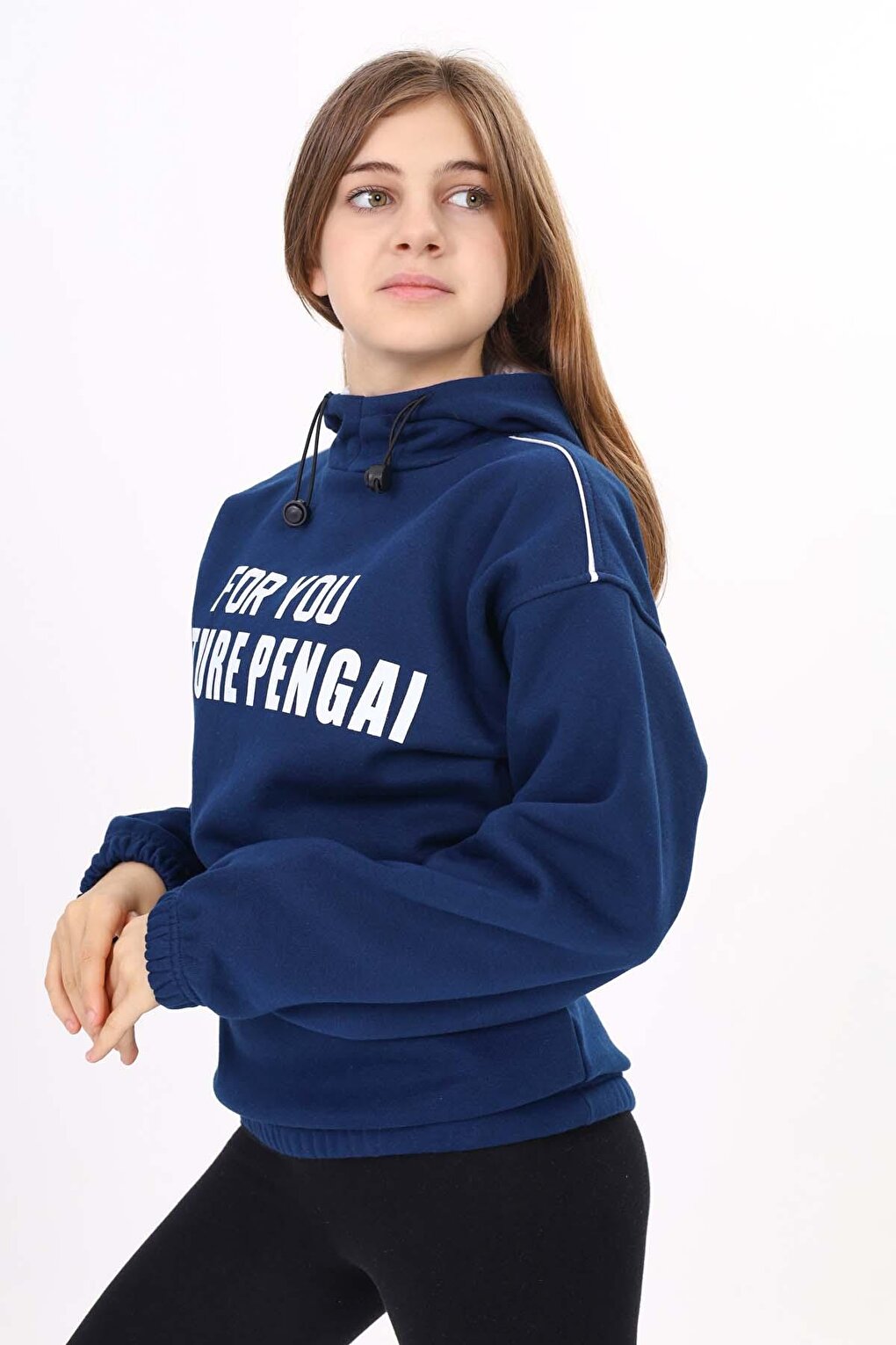 Navy Blue Text Printed Fleece Girl's Hooded Sweatshirt 16640