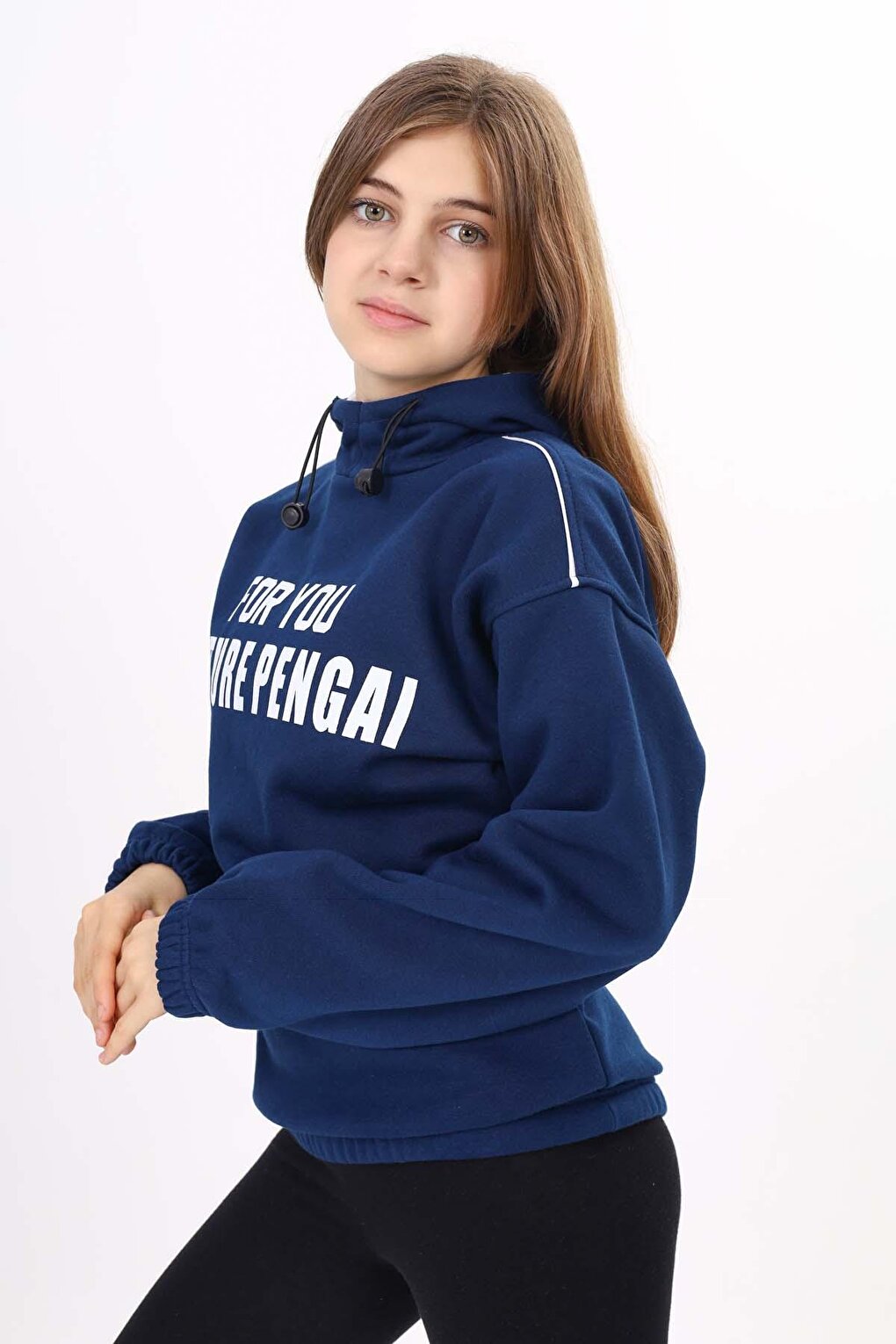 Navy Blue Text Printed Fleece Girl's Hooded Sweatshirt 16640