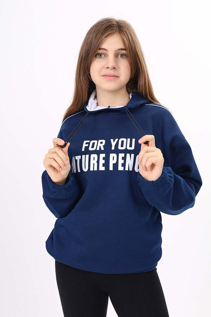 Navy Blue Text Printed Fleece Girl's Hooded Sweatshirt 16640