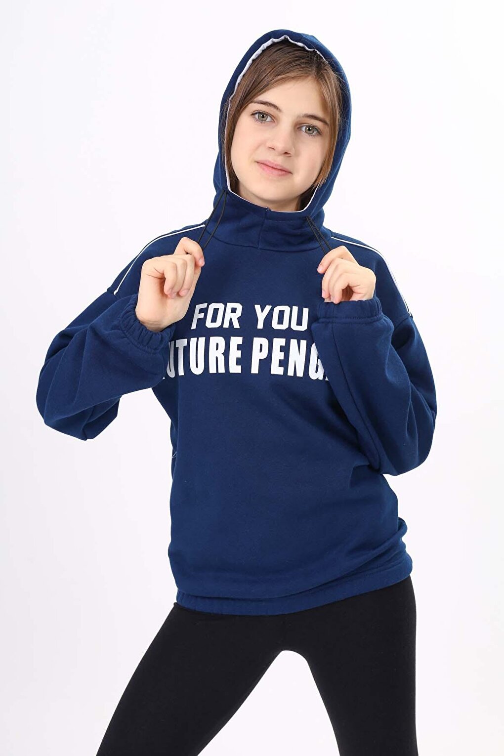 Navy Blue Text Printed Fleece Girl's Hooded Sweatshirt 16640