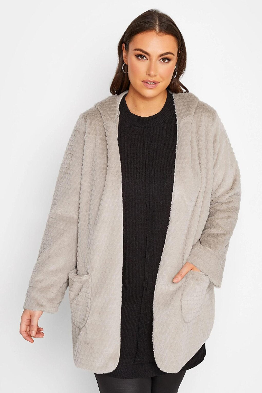 Large Size Long Sleeve Hooded Faux Fur Thin Jacket with Pockets 301652