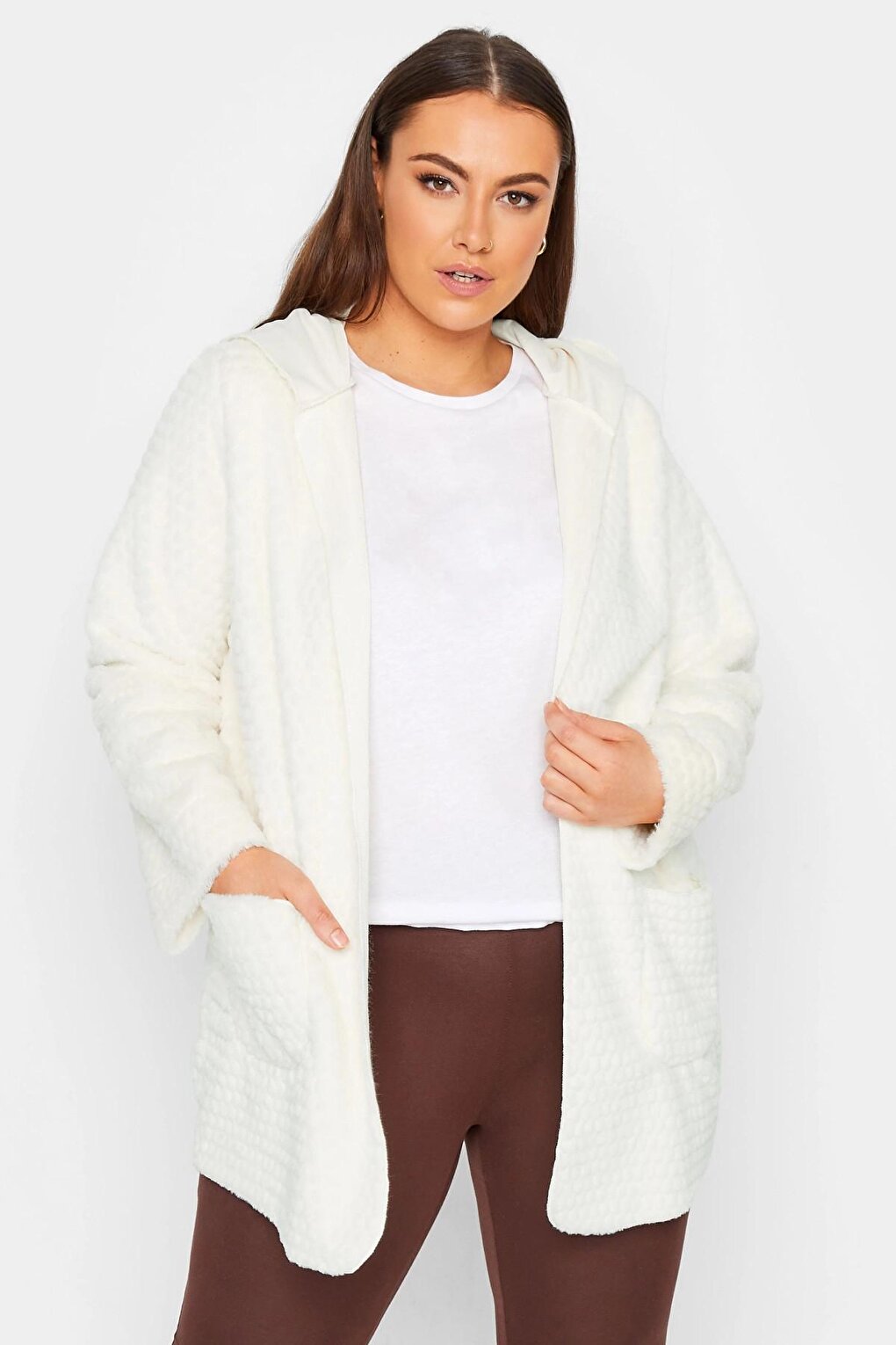 Large Size Long Sleeve Hooded Faux Fur Thin Jacket with Pockets 301653