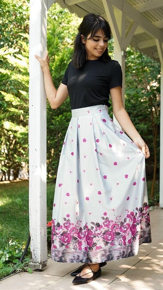 Print Patterned Maxi Gray Skirt