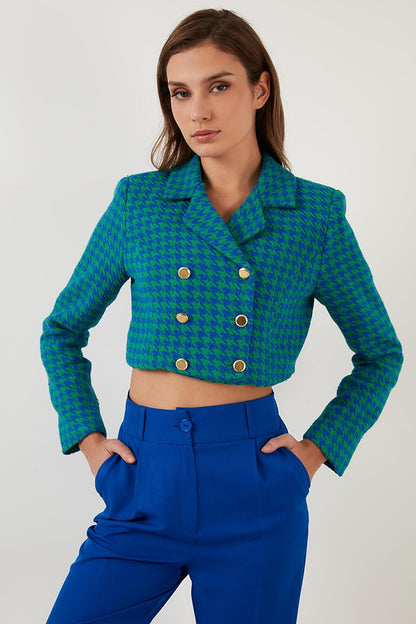 Houndstooth Patterned Buttoned Slim Fit Crop Jacket 611C007