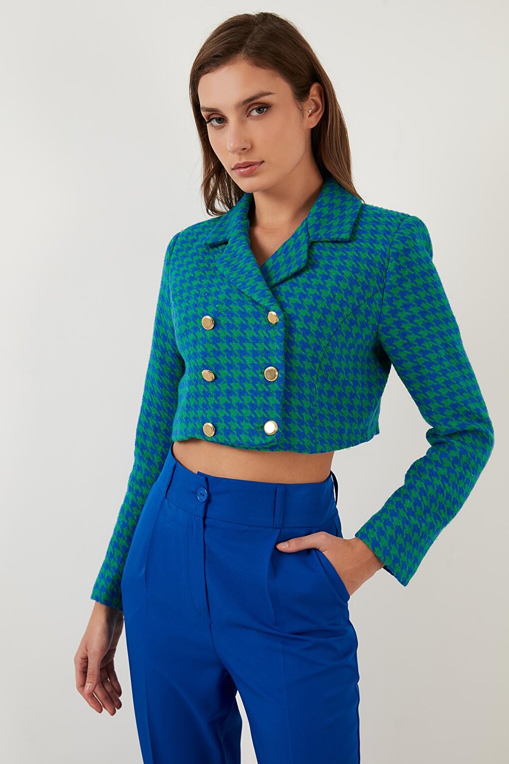 Houndstooth Patterned Buttoned Slim Fit Crop Jacket 611C007