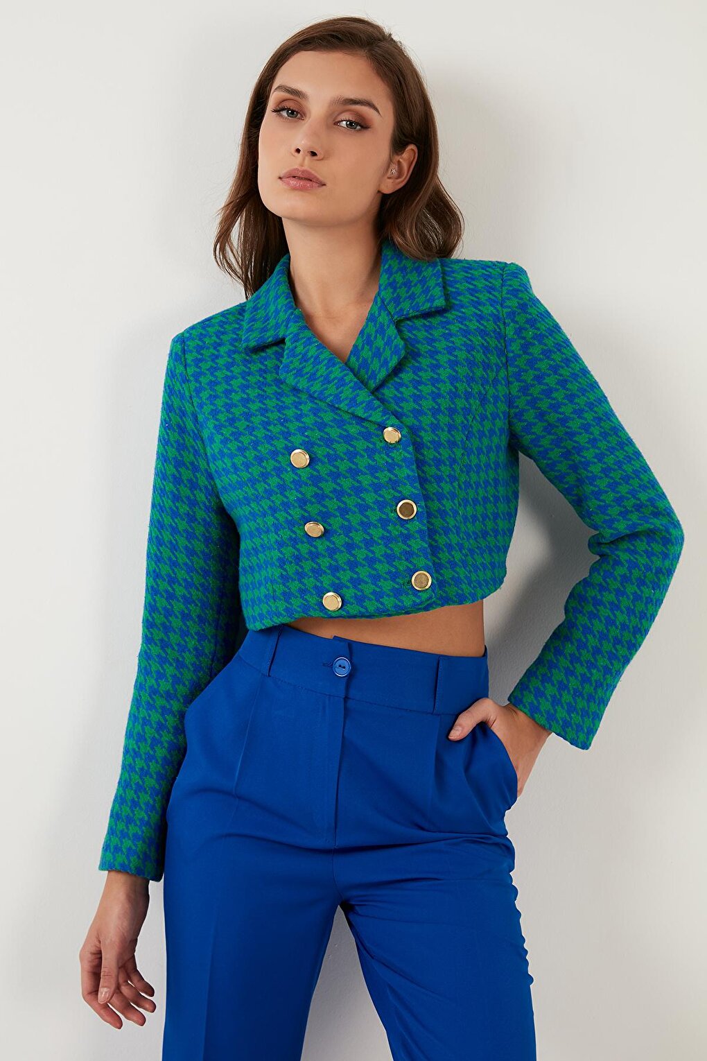 Houndstooth Patterned Buttoned Slim Fit Crop Jacket 611C007