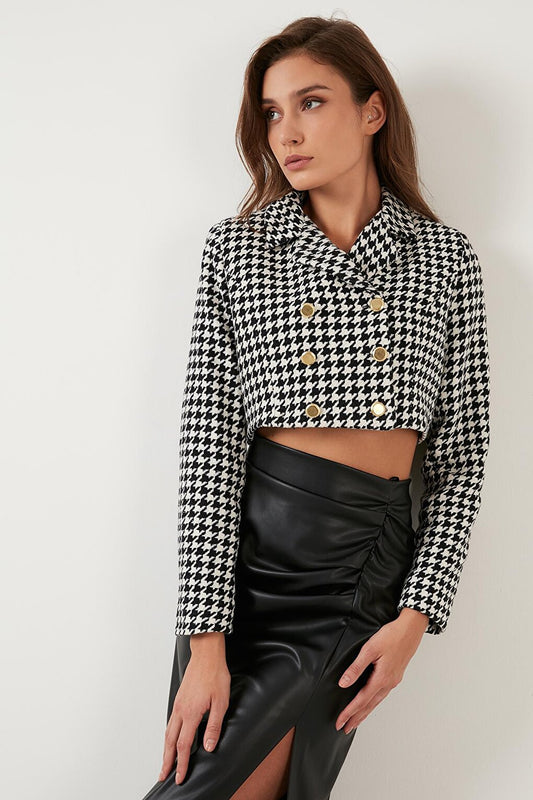 Houndstooth Patterned Buttoned Slim Fit Crop Jacket 611C007