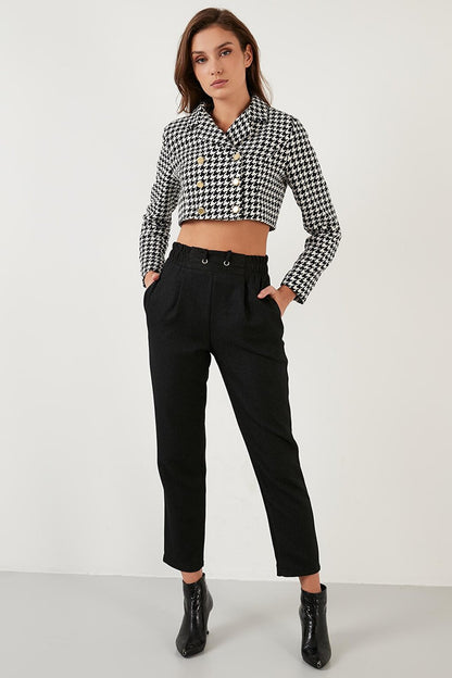 Houndstooth Patterned Buttoned Slim Fit Crop Jacket 611C007