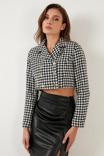 Houndstooth Patterned Buttoned Slim Fit Crop Jacket 611C007