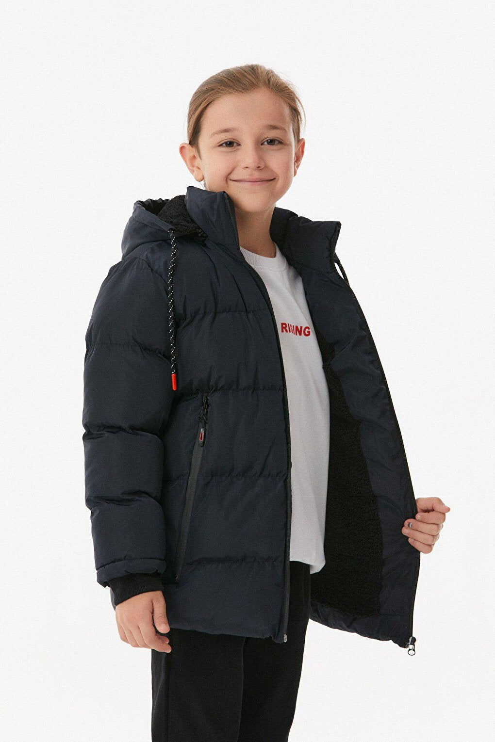 Hooded Boy's Coat with Zipper Pocket