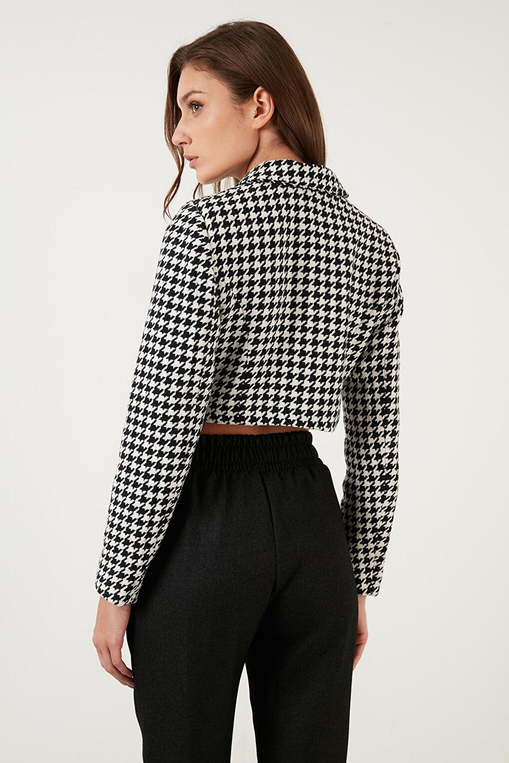 Houndstooth Patterned Buttoned Slim Fit Crop Jacket 611C007